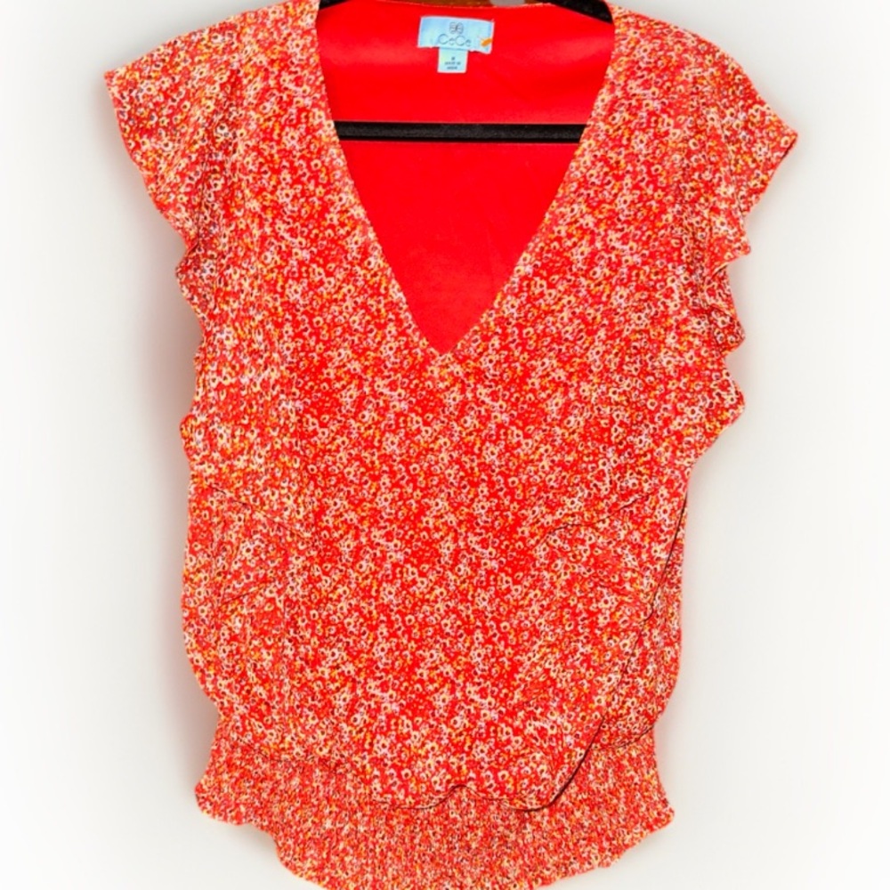 CeCe Coral Red Floral V-Neck Ruffle Sleeve Blouse - Picture 2 of 6